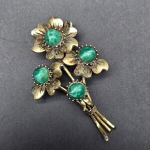 Vintage Green Marbled Glass Flower Bouquet Brooch Gold Tone